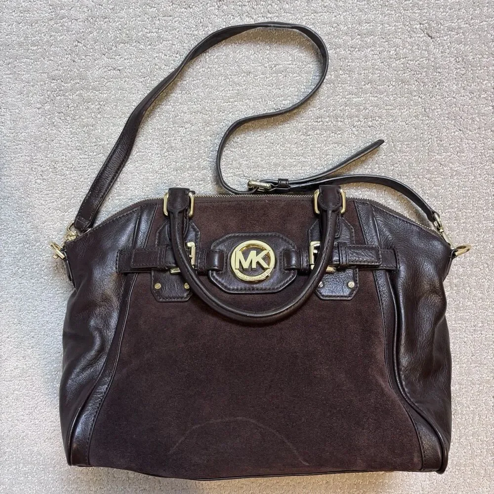 Michael Kors Large Hudson Satchel Suede Leather Coffee Brown Gold $398 Boho Chic